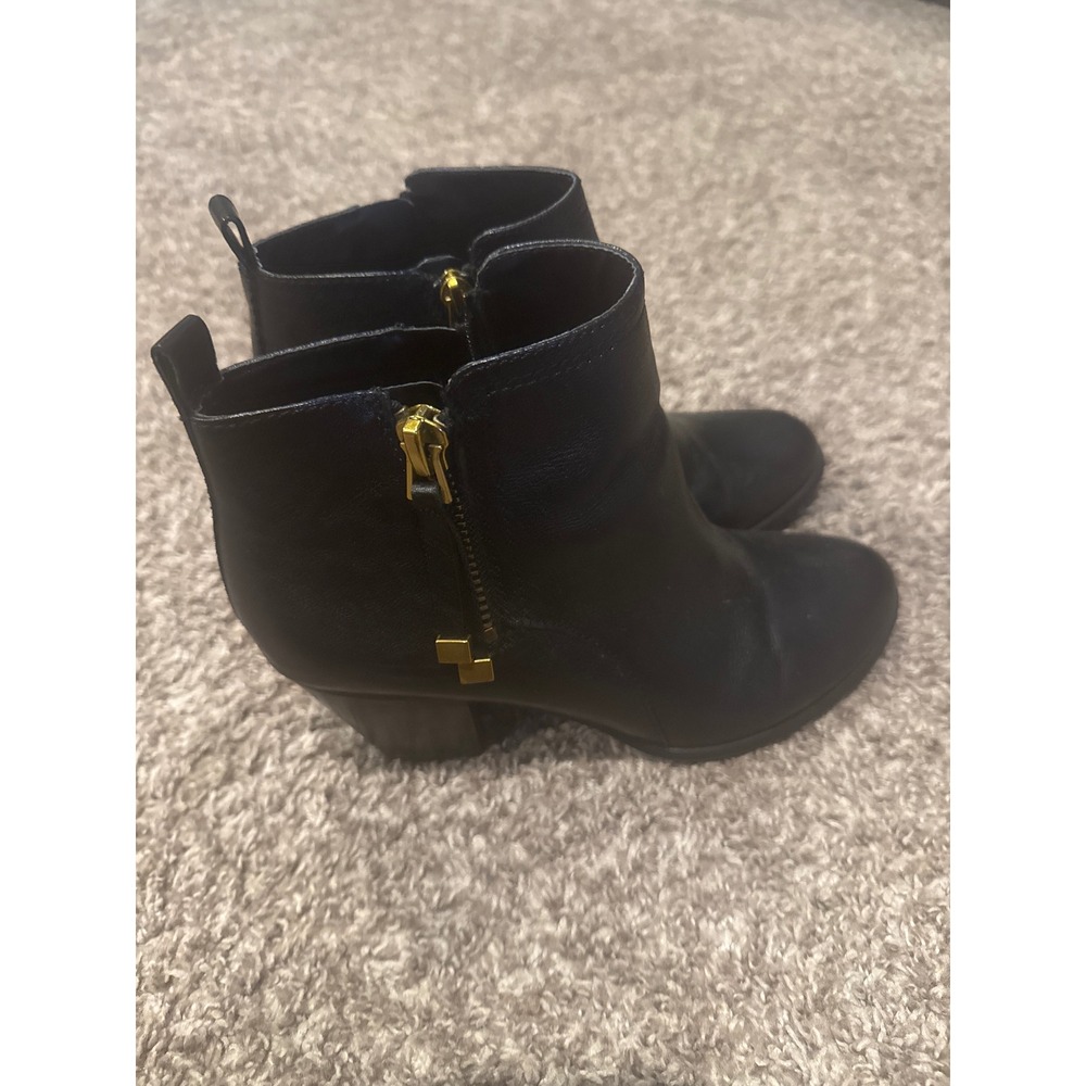 Franco Sarto Diana Black Leather Ankle Boots Gold Zip Block Heel Womens 8.5